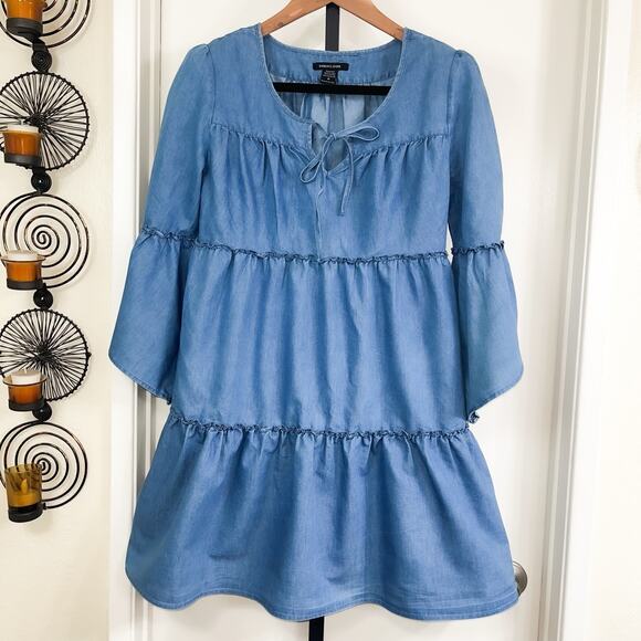 Robert Louis Boho Tiered Bell Sleeve Babydoll Knee Length Dress - Blue Size M - Picture 5 of 5